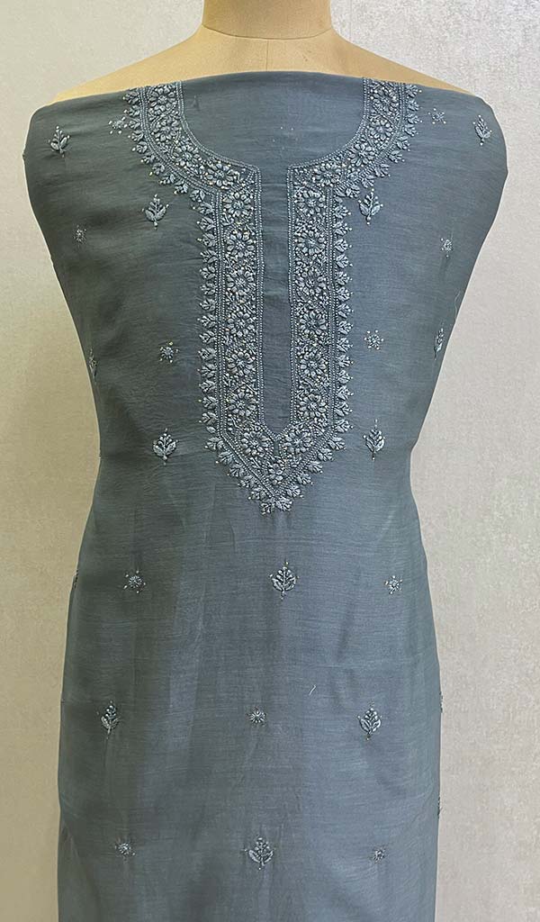 Lucknowi Handcrafted Chanderi Silk Chikankari Unstitched Men's Kurta Fabric - HONC0109732