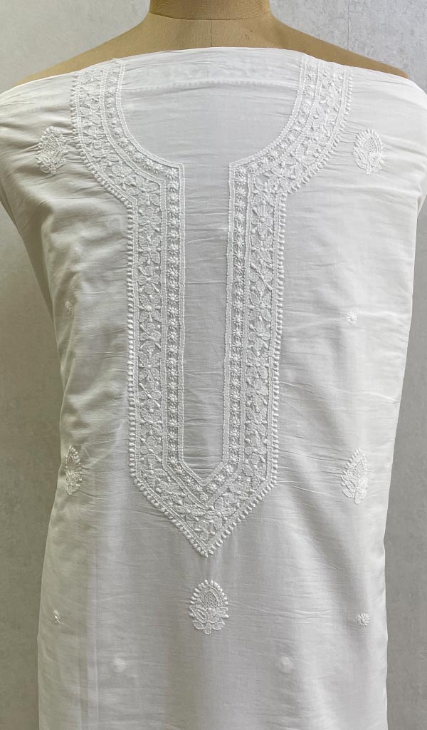 Lucknowi Handcrafted White Cotton Chikankari Unstitched Men's Kurta Fabric - HONC0124093