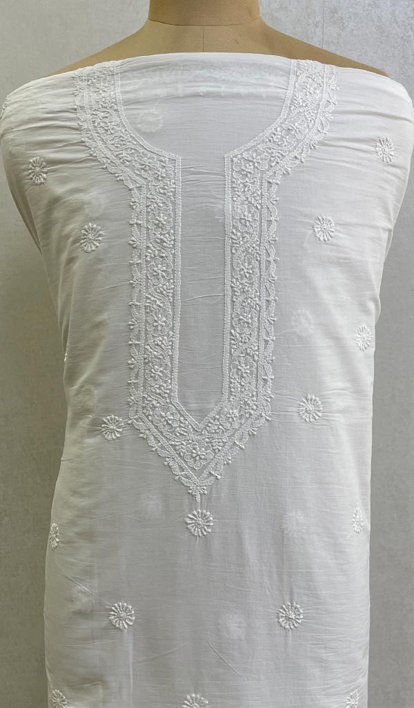 Lucknowi Handcrafted White Cotton Chikankari Unstitched Men's Kurta Fabric - HONC0124121