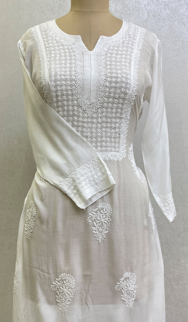 White assymetrical lucknow chikankari kurta with white thread chikank  embroidery