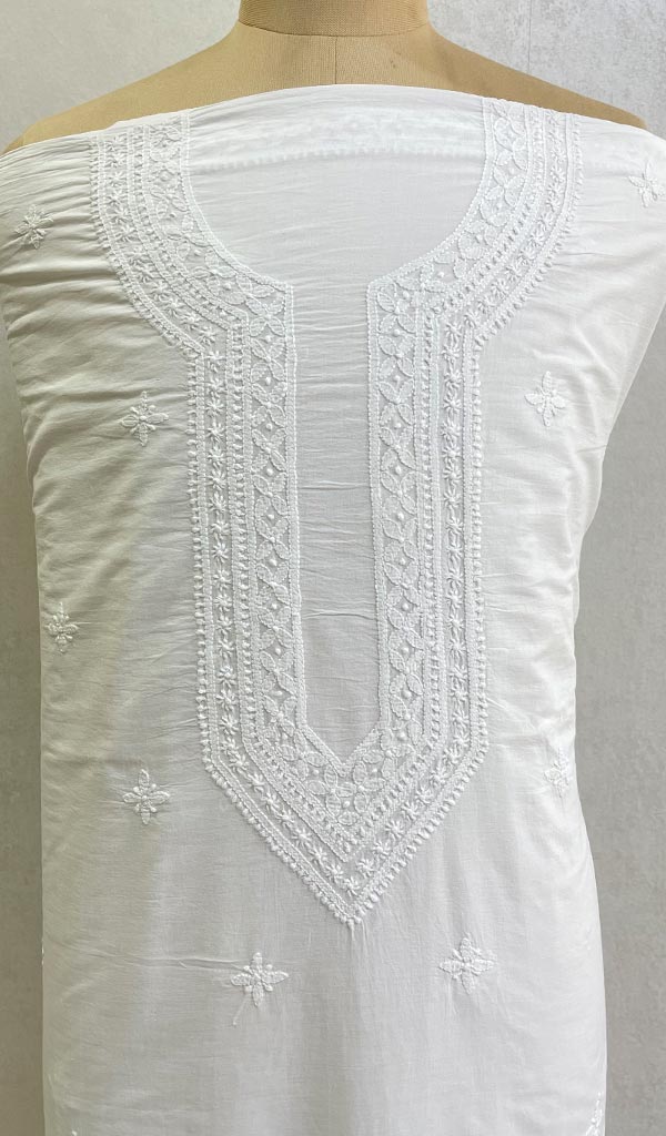 Lucknowi Handcrafted White Cotton Chikankari Unstitched Men's Kurta Fabric - HONC0124122