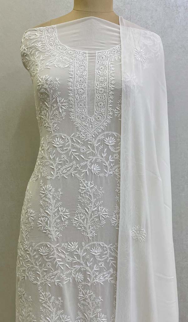 Women's Lakhnavi Handcrafted Pure Silk Georgette Chikankari Kurta  And Dupatta Set- HONC0129885