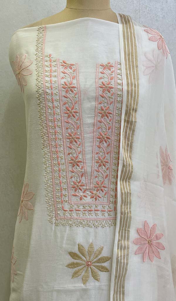 Women's Lakhnavi Handcrafted Chanderi Silk Chikankari Kurta Dupatta Set- HONC0126716