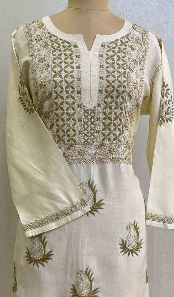 Women's Lucknowi Handcrafted Silk Chikankari Kurti - HONC0130089