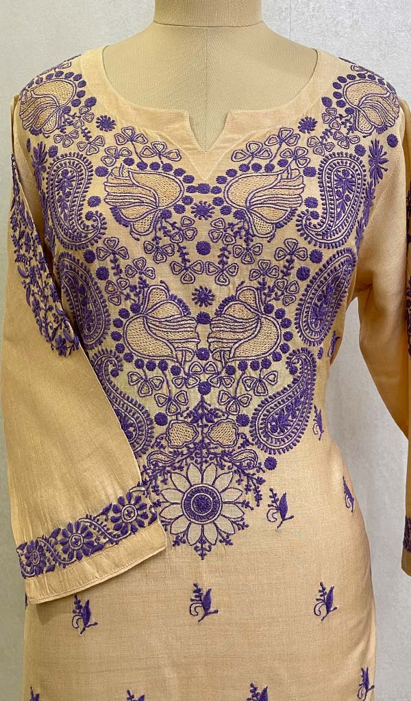 Women's Lakhnavi Handcrafted Tussar Silk Chikankari Kurti - HONC0109228