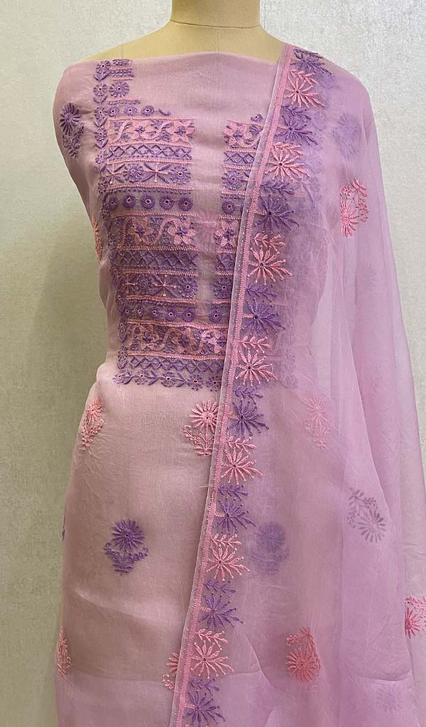 Lakhnavi 手工制作纯欧根纱 Chikankari 未缝合库尔塔和杜帕塔套装 - HONC0128429 