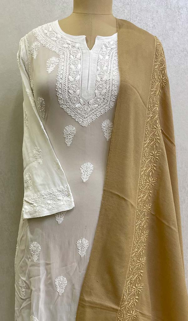 Lucknowi 手工制作 Pashmina Chikankari 披肩 - Honc0103837