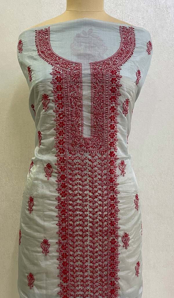 Lakhnavi 手工制作的欧根纱 Chikankari 未缝合 Kurti 面料 - Honc0133589