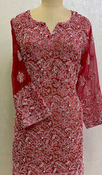 将图像加载到图库查看器中， Lucknowi 手工制作的人造乔其纱 Chikankari Kurti - HONC078882
