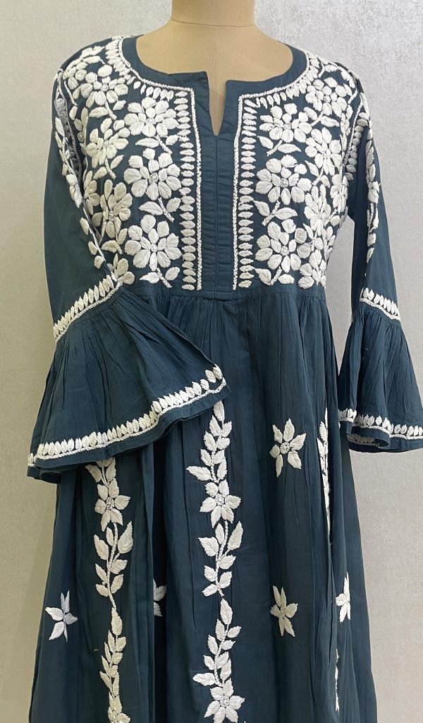 Lucknowi 手工制作棉质 Chikankari 连衣裙 - HONC0114359