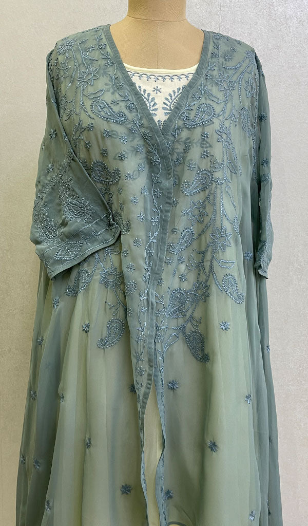 Women's Lakhnavi Handcrafted Faux-Georgette Chikankari Front Open  Dress - HONC0137256