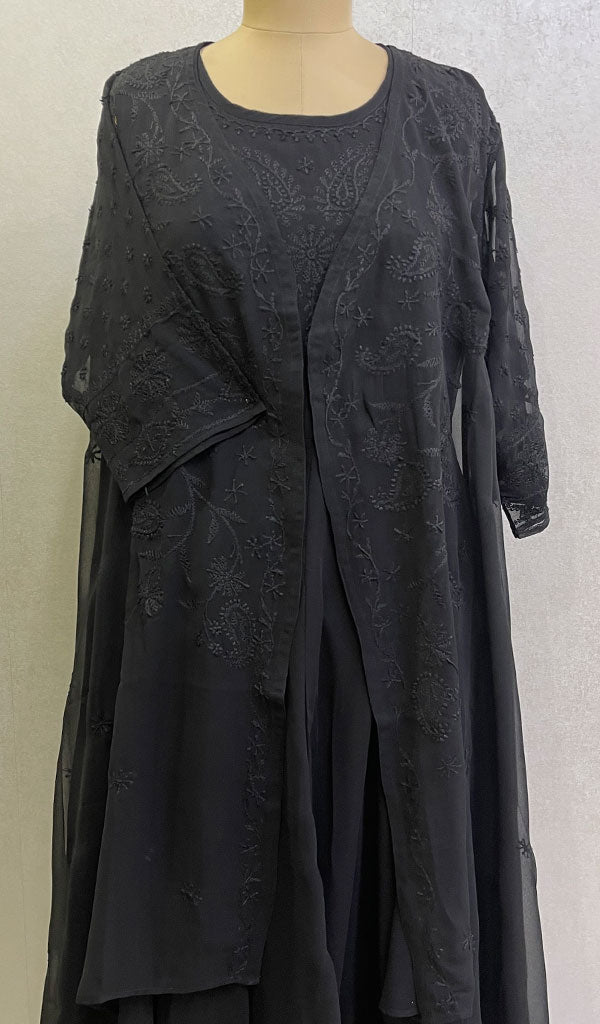 Haaya Women's Lakhnavi Handcrafted Faux-Georgette Chikankari Shrug and Dress Set - HONC0137253