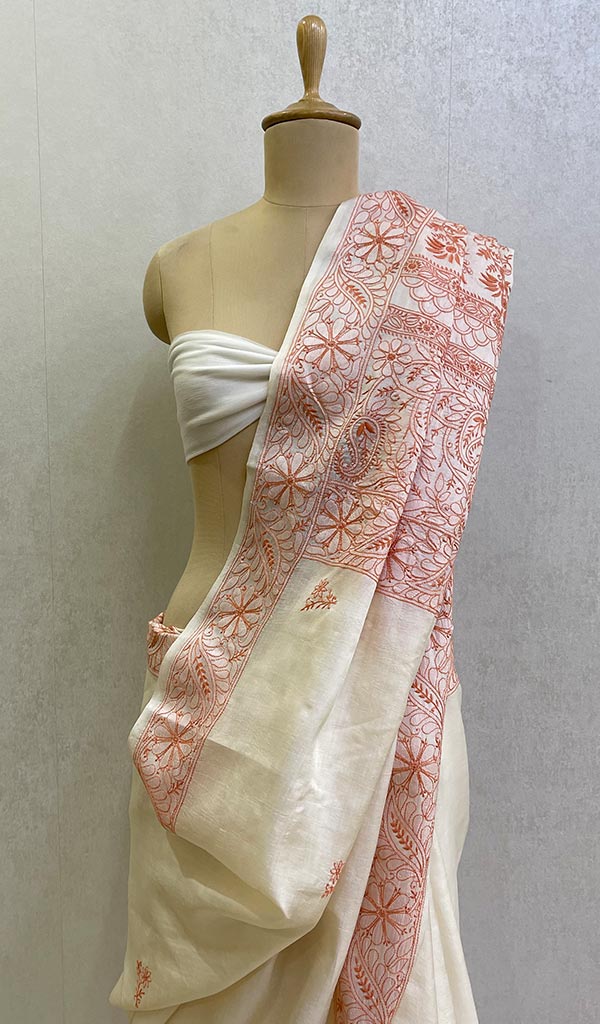 Women's Lakhnavi Handcrafted Tussar Silk Chikankari Saree - HONC0126739
