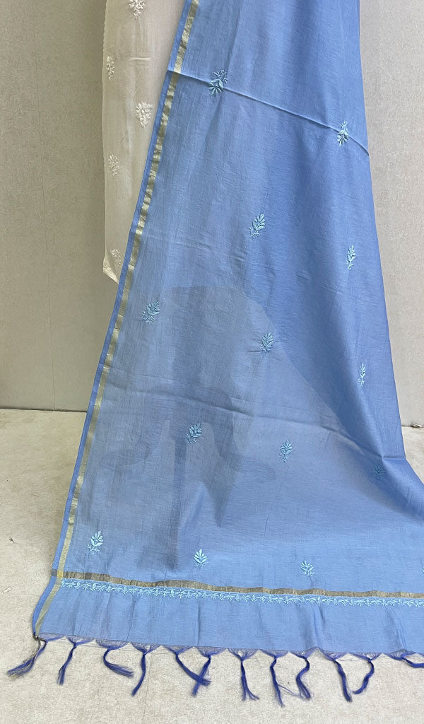 Lakhnavi 手工制作 Chanderi 丝绸 Chikankari Dupatta - Honc0108757