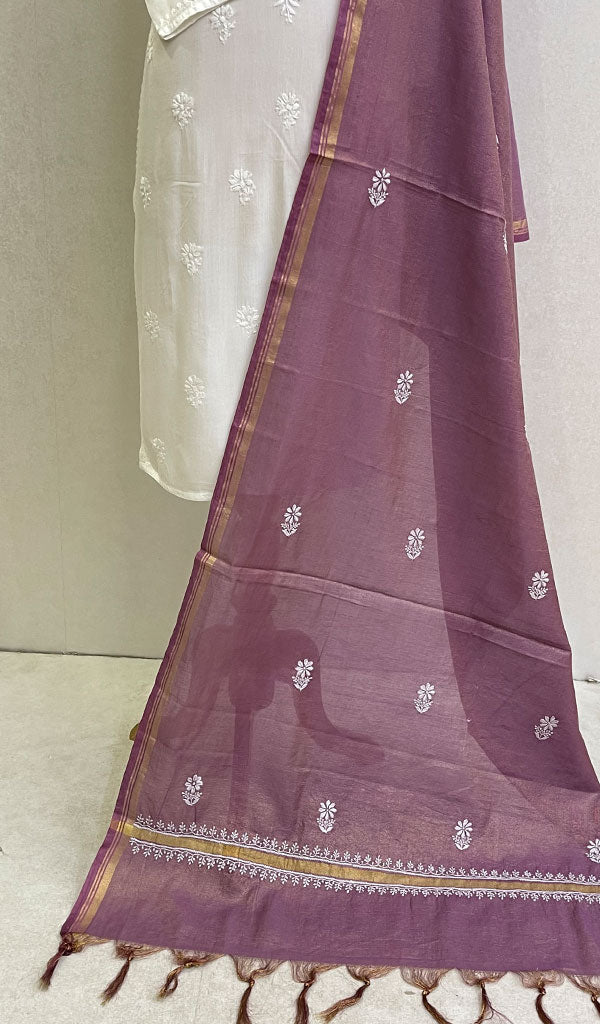 Lakhnavi 手工纸巾 Chanderi 丝绸 Chikankari Dupatta - Honc0108730