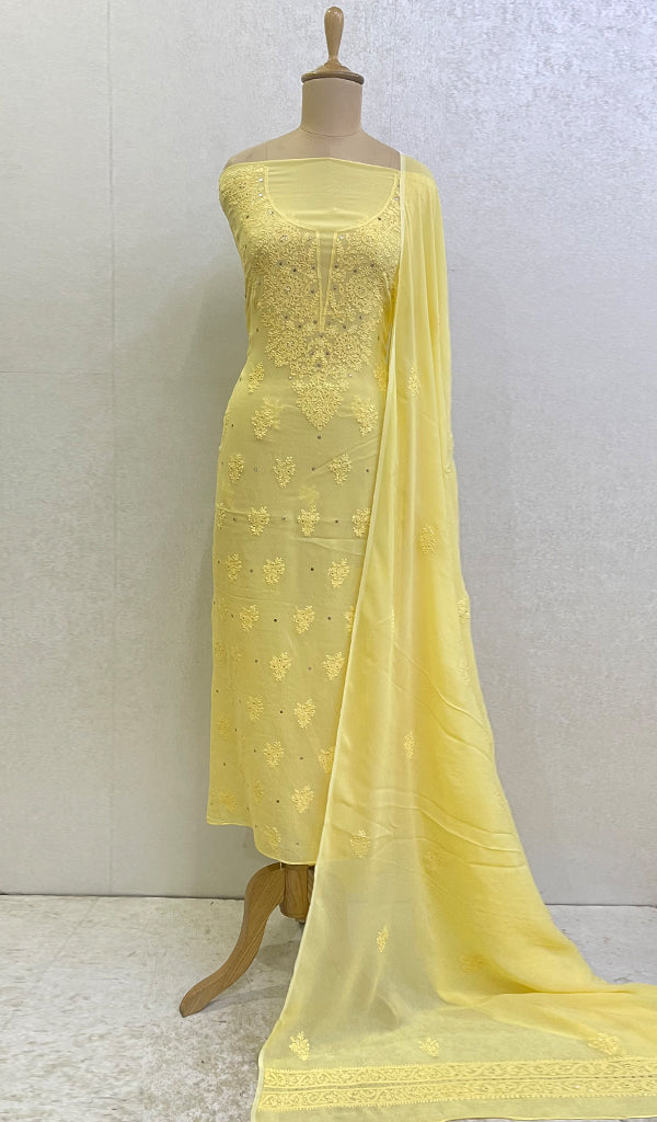 Women's Lakhnavi Handcrafted Viscose Georgette Chikankari Full Suit Material - HONC0141225
