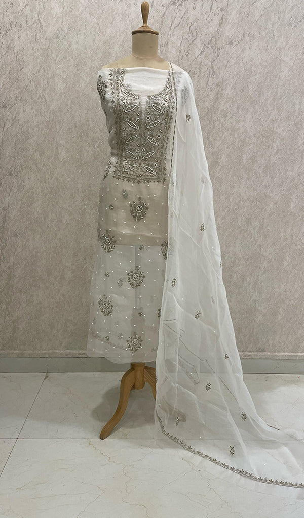 Women's Lakhnavi Handcrafted Pure Organza Chikankari Unstitched Kurta And Dupatta Set-  HONC02831111