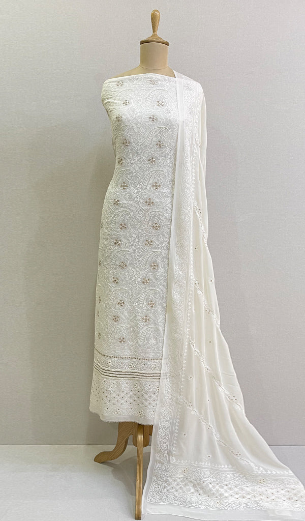 Women's Lakhnavi Handcrafted Pure Silk Georgette Chikankari Kurta And Dupatta Set- N30339