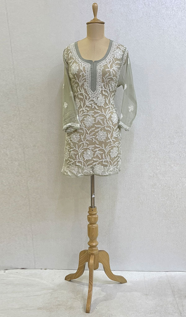 Lakhnavi 手工制作狐狸乔其纱 Chikankari 上衣 - HONC093119 