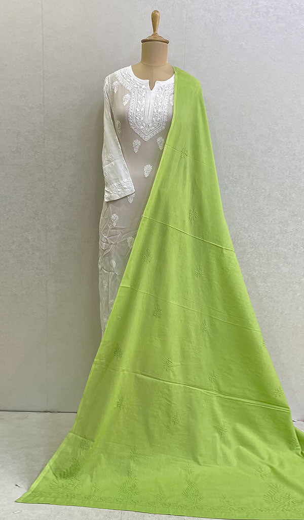 勒克瑙手工制作的棉质 Chikankari Dupatta - Honc084579