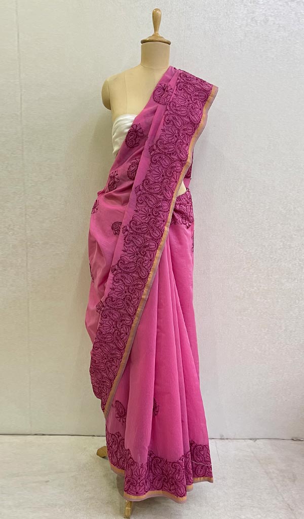Buy Pink Silk Chanderi Mirror Work Saree (with Cotton Peticoat) with  Embroidered Zari and Scallops (Set of 2) Online at Jaypore.com