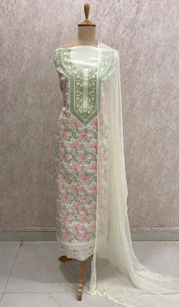 Women's Lakhnavi Handcrafted Cotton Chikankari Suit Material - HONC0291773