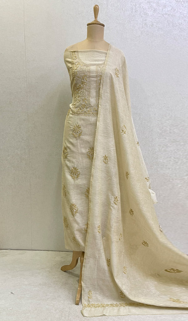 Lakhnavi 手工纸巾 Chanderi 丝绸 Chikankari Kurta Dupatta 套装 - Honc0119231