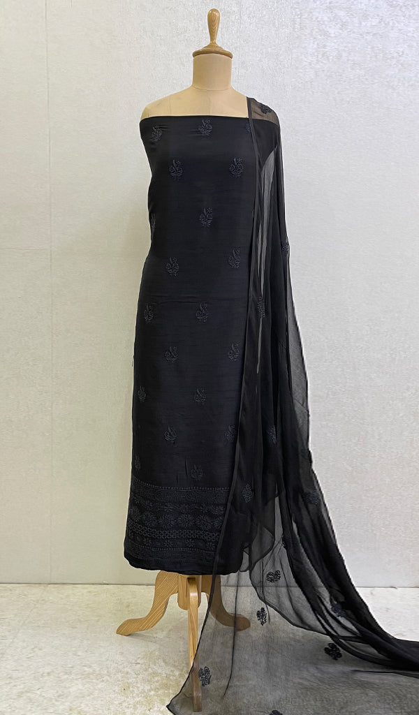 Women's Lakhnavi Handcrafted Raw Silk Chikankari Kurta And Dupatta Set - HONC0129556