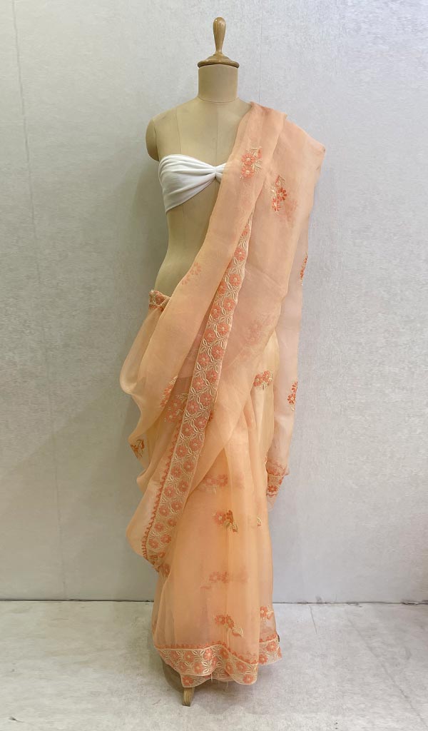 Women's Lucknowi Handcrafted Pure Organza Silk Chikankari Saree - HONC0119044