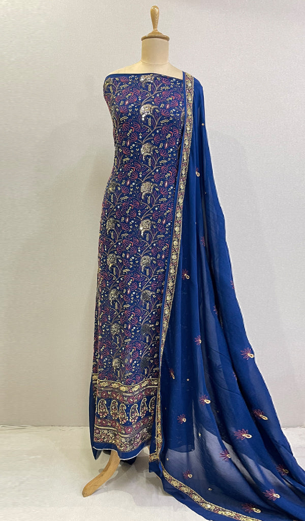 Women's Lakhnavi Handcrafted Pure Silk Georgette Chikankari Kurta And Dupatta Set- HONC0174222