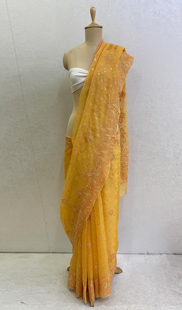 لکھنؤی ہاتھ سے تیار کردہ خالص آرگنزا سلک چکنکاری ساڑی - HONC0107608