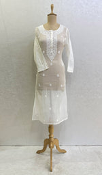 Load image into Gallery viewer, Women&#39;s Lucknowi Handcrafted Mul Chanderi Chikankari Kurti - HONC088193
