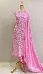 Load image into Gallery viewer, Women&#39;s Lakhnavi Handcrafted Pure Silk Georgette Chikankari Suit Material - HONC0180248
