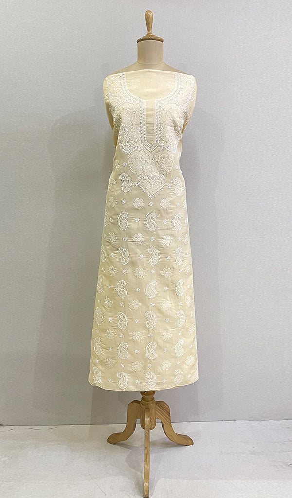 Women's Lucknowi Handcrafted White Cotton Chikankari Unstitched Kurti Fabric - HONC0194870