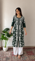 Women's Lucknowi Handcrafted Dark Green Linen Cotton Chikankari Kurti - HONC011149