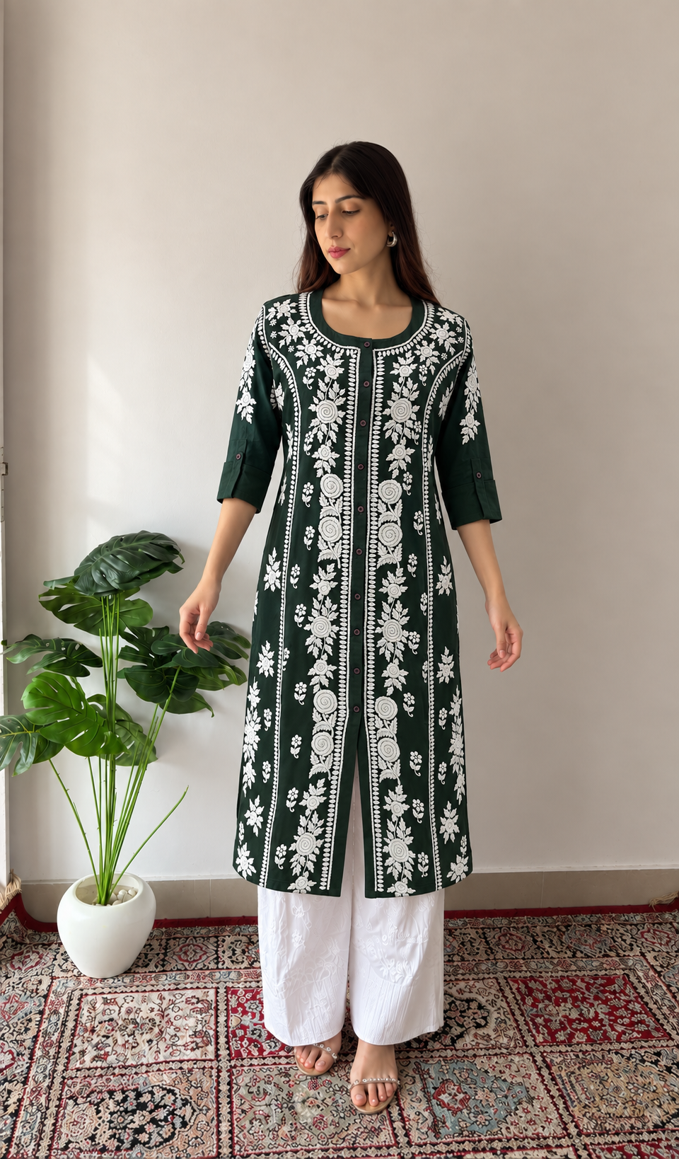 Women's Lucknowi Handcrafted Dark Green Linen Cotton Chikankari Kurti - HONC011149