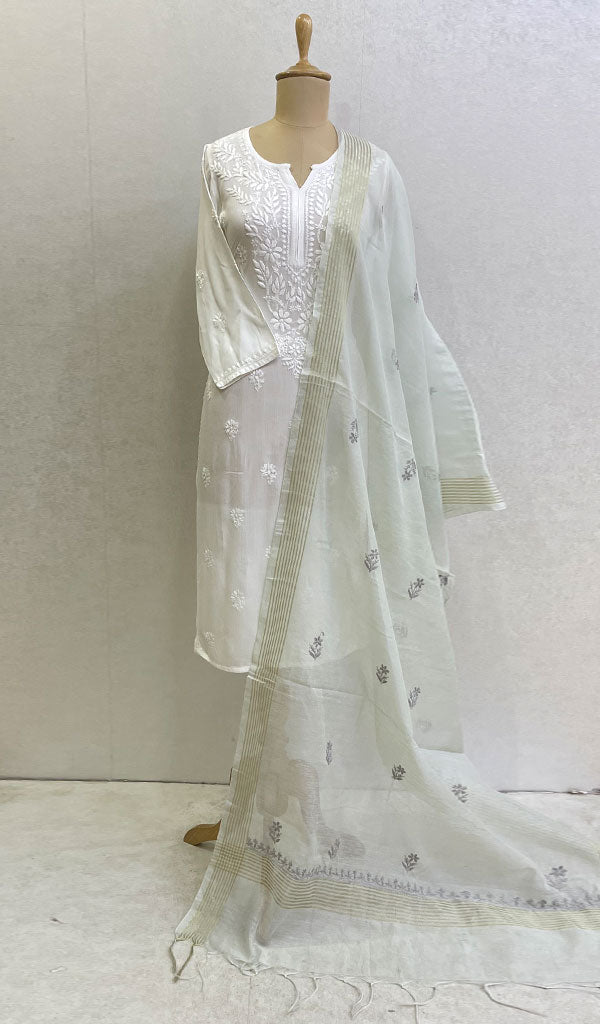 Women's Lakhnavi Handcrafted Chanderi Silk Chikankari Dupatta - Honc0108758