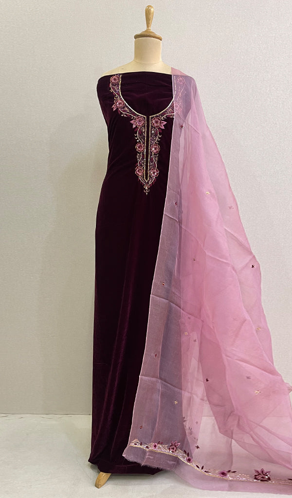 Women's Lakhnavi Handcrafted Velvet Chikankari Full Suit Material - HONC0188898