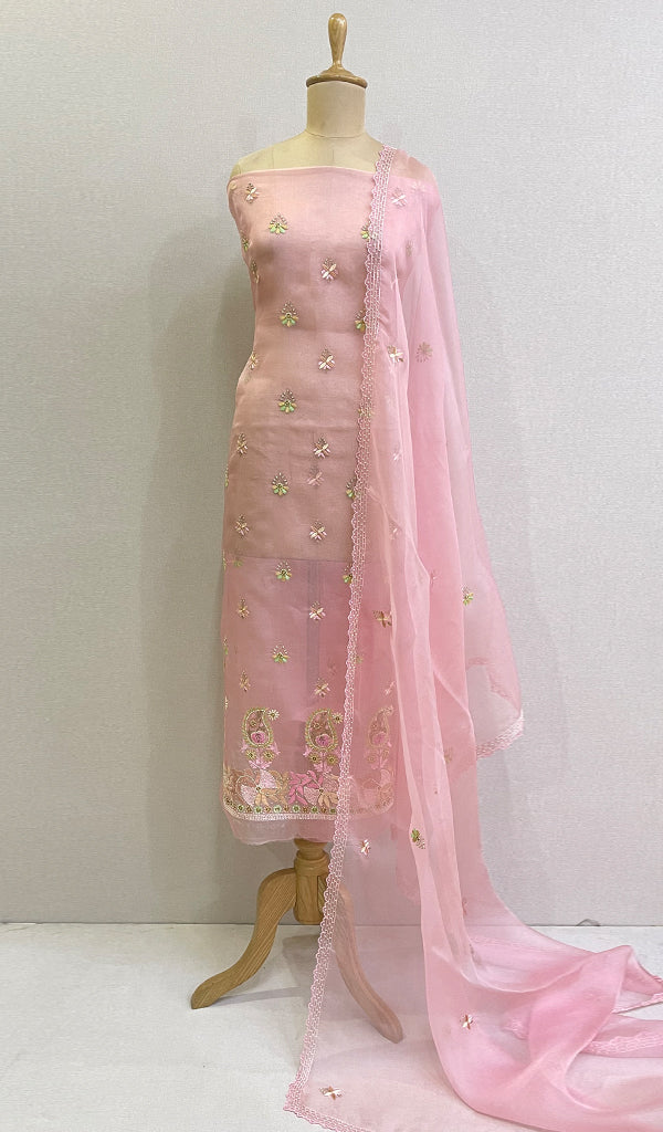Women's Lakhnavi Handcrafted Pure Organza Chikankari Unstitched Kurta And Dupatta Set- HONC0139598