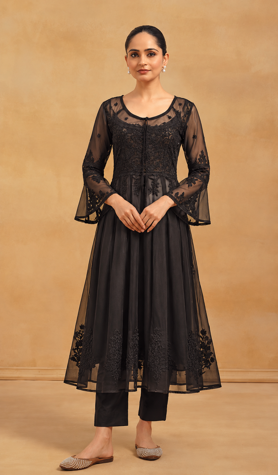 Aadab Women's Lucknowi Handcrafted Faux-Georgette Chikankari Anarkali Dress - HONC038952