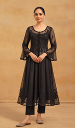Aadab Women's Lucknowi Handcrafted Faux-Georgette Chikankari Anarkali Dress - HONC038952