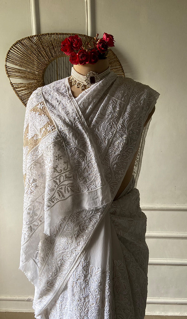 Women's Lakhnavi Handcrafted Pure Silk Georgette Chikankari Saree- HONC0178854