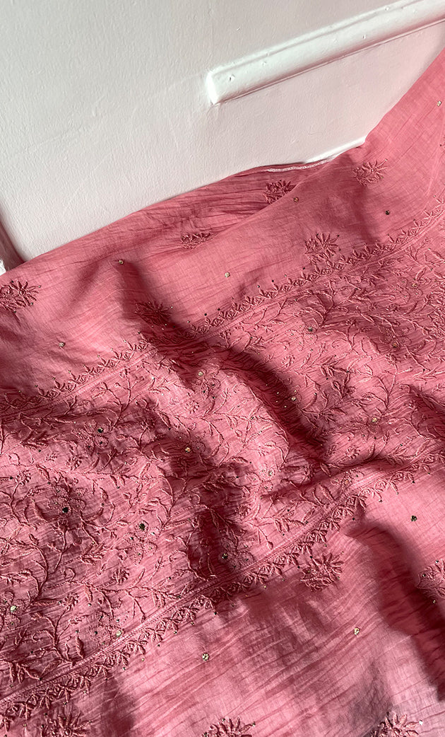 Women's Lakhnavi Handcrafted Mul Chanderi Semi - Stitched Kurta And Dupatta Set - HONC0282422