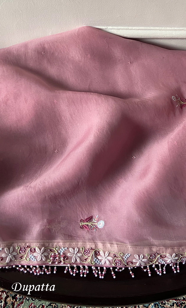 Women's Lakhnavi Handcrafted Pure Organza Chikankari Unstitched Kurta And Dupatta Set- HONC0339421