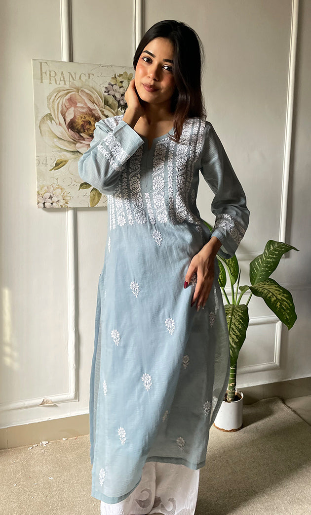 Women's Lakhnavi Handcrafted Kota Cotton Chikankari Kurti - HONC0306079