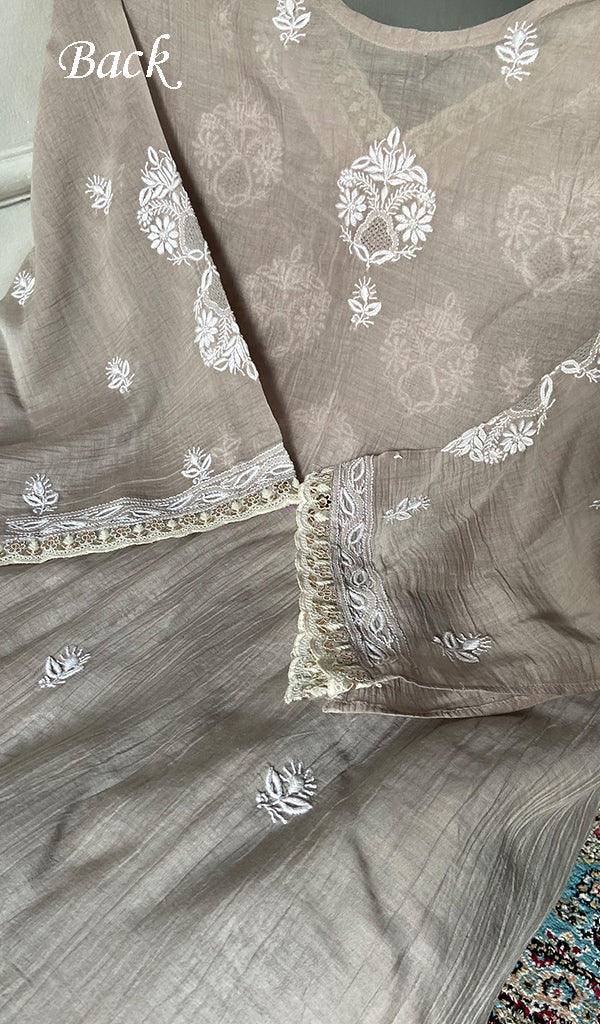 Women's Lakhnavi Handcrafted Mul Chanderi Semi - Stitched Kurta And Dupatta Set - HONC0374243