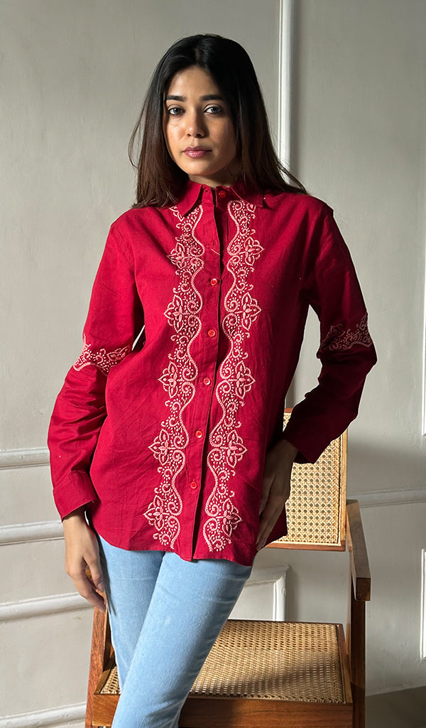 Women's Lucknowi Handcrafted Slub Cotton Chikankari Top - HONC0299073