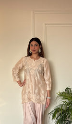 Anika Women's Lucknowi Handcrafted Chanderi Silk Chikankari Top with Farshi Salwar Set .