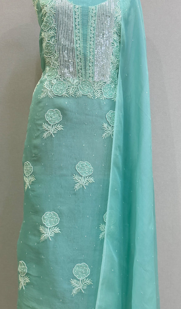 Gulaab Women's Lakhnavi Handcrafted Pure Organza Chikankari Unstitched Kurta And Dupatta Set- HONC0228072