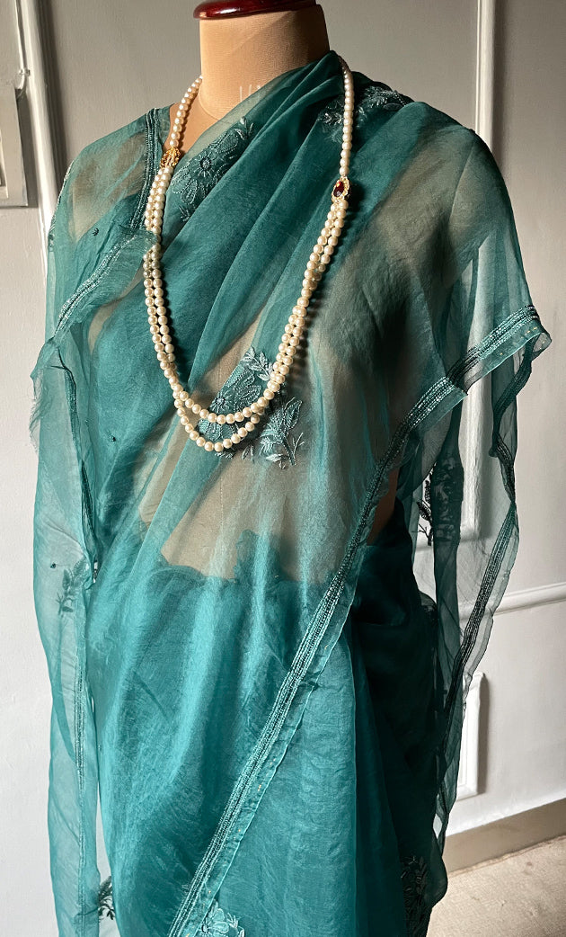 Women's Lucknowi Handcrafted Pure Organza Silk Chikankari Saree - HONC0277626